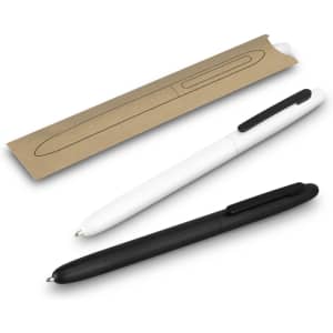 A set of two metal pens, one black and one white, displayed with a kraft paper sleeve packaging.