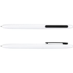 A white metal pen with a black clip and a smooth finish, featuring a logo on its body.