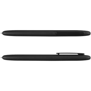 A metal pen in sleek black, featuring a modern design and a branding logo. Displayed from two angles.