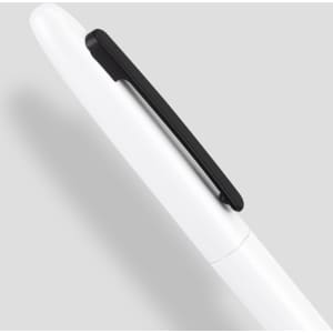 A white metal pen with a black clip positioned against a grey background. It features a simple design and branding.