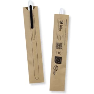 A metal pen in a kraft paper packaging, featuring a black writing tip and a white clip. The packaging has a logo.