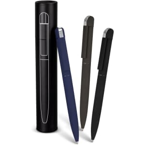 A set of three metal pens in navy, dark green, and black, presented in a cylindrical black case with a logo.