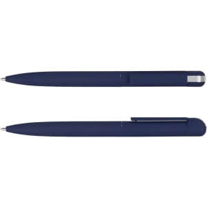 A navy metal pen set, featuring a sleek design with a silver clip and tip. It includes two pens, one with a cap.