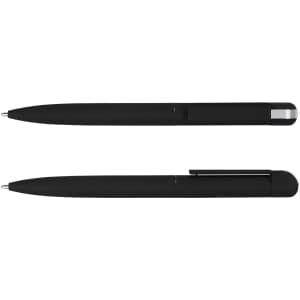 Two black metal pens with varying designs, one featuring a chrome tip and the other with a clip. Both have a logo.