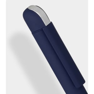 A metal pen with a navy blue body and chrome accents, featuring a logo on the side.