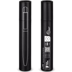 A sleek black metal pen in a matching display tube, featuring a logo on the side.