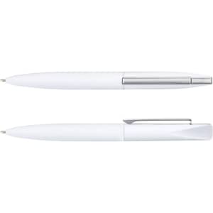 A collection of two white metal pens with silver accents and a branding logo.