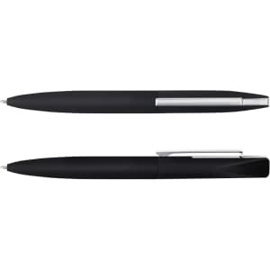 A sleek black metal pen with a chrome clip and detailing, featuring a minimalist design and a logo.