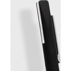 A black metal pen with a shiny silver clip, featuring a sleek and elegant design. It has a branding logo.
