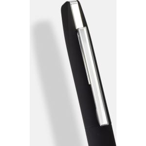 A black metal pen with a silver clip, featuring a sleek design and a logo on the body.