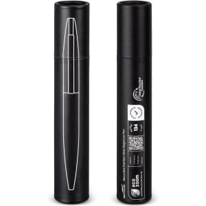 A sleek black metal pen with a minimalist design, featuring a protective case and a logo.