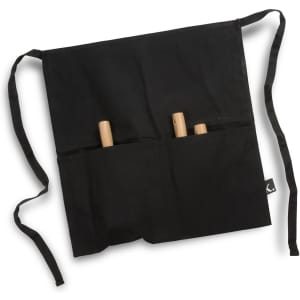 A black gardening apron with wooden-handled tools visible in the pockets, featuring a logo.