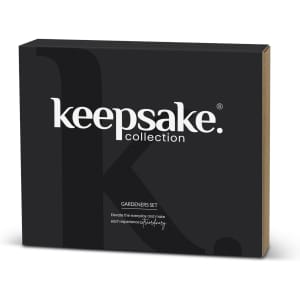 A black gift box containing the Keepsake Gardeners Set, featuring a logo on the front.