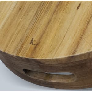 A wooden platter tray with a smooth surface and a carved handle, featuring a subtle branding mark.