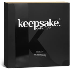A black box featuring a branded logo, containing a platter tray for serving food.