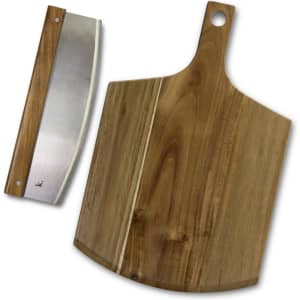 A wooden cheese board and knife set in brown and silver, featuring a sleek design and a hanging hole.