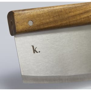 A wooden-handled cheese knife with a stainless steel blade, featuring a simple logo.