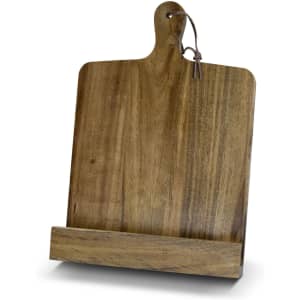 A wooden recipe book holder in a natural finish with a hanging loop, featuring a sturdy base.