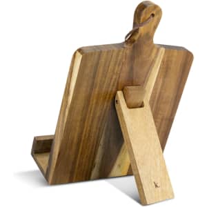 A wooden recipe book holder with a natural finish, featuring a sturdy base and a handle for easy carrying.