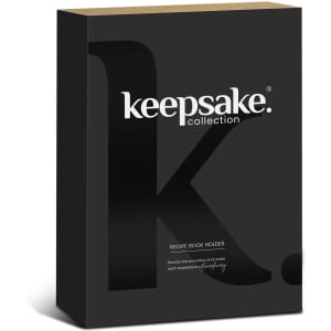A black box featuring a logo, containing a recipe book holder from the Keepsake collection.