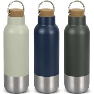 A drink bottle trio featuring sage green, navy blue, and dark green finishes with stainless steel bottoms and cork lids.