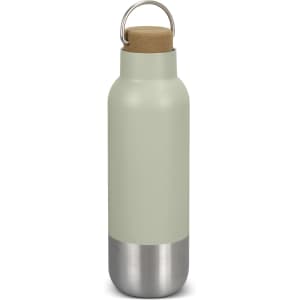 A drink bottle in pale green with a stainless steel base and a cork stopper, featuring a metal loop for carrying.