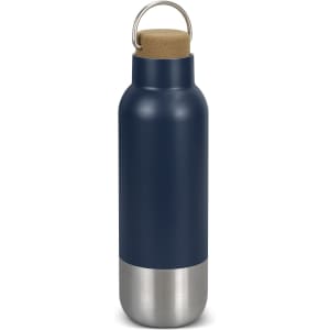 A drink bottle in navy blue with a cork stopper and a stainless steel base. It features a carry loop.