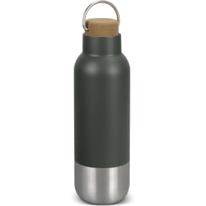 A drink bottle with a matte olive green body, cork lid, and stainless steel base. It features a metal loop for carrying.