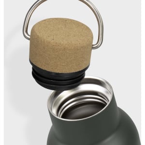A drink bottle in green with a cork and metal cap, showing the open lid and interior. It has a branded logo.