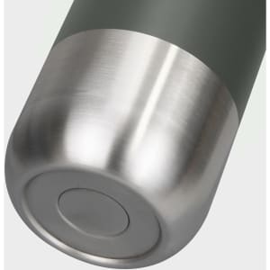 A drink bottle with a matte green body and a shiny stainless steel base featuring a circular bottom design.