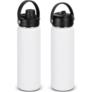 A drink bottle in matte white with a black lid and handle, featuring a logo on the side.