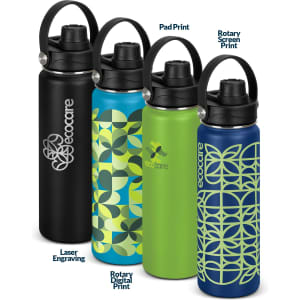 A drink bottle collection featuring four designs in black, green, blue, and a vibrant pattern, each with a logo.