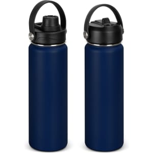 A drink bottle in navy blue with a black cap and handle, featuring a logo on the side.