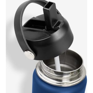 A drink bottle with a dark blue exterior and a black cap, featuring a removable straw inside.
