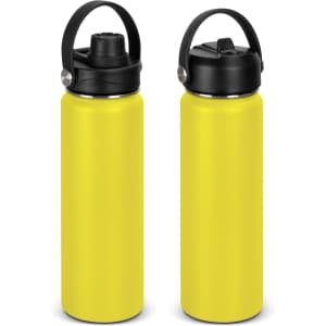 A drink bottle with a sleek yellow body and a black lid, featuring a carry handle and a logo.