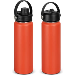 A drink bottle in a bright orange colour with a black lid and handle, featuring a logo.