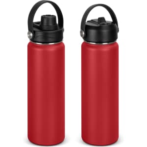 A drink bottle in vibrant red with a black lid and handle, featuring a sleek, matte finish on its body.