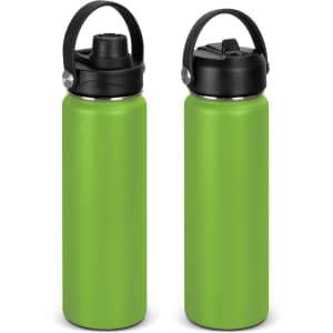 A drink bottle in vibrant green with a black lid and handle, featuring a logo.