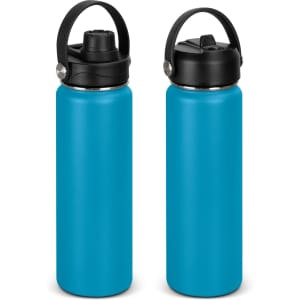 A drink bottle featuring a vibrant blue body and a black lid with a handle, showcasing two angles of the product.
