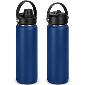 A drink bottle in a deep blue colour with a black lid and handle, featuring a logo on its body.