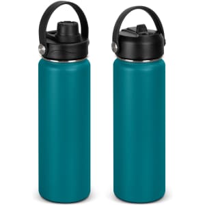 A drink bottle in teal with a black lid and handle, featuring a logo. Two bottles are displayed side by side.