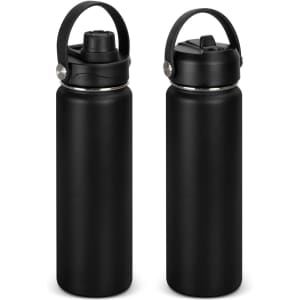 A drink bottle with a sleek black finish, featuring a handle and two different lid designs. It has a logo on the side.