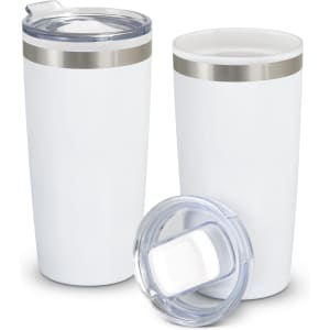 A double wall cup in white with a stainless steel band and a clear lid, featuring a drink opening.