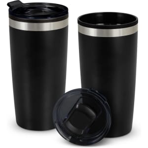 A double wall cup in matte black with a silver band and a clear lid. Two cups are displayed, one with the lid.