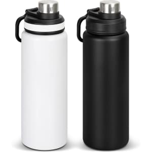 A drink bottle set featuring one white and one black bottle, each with a stainless steel cap and a handle.