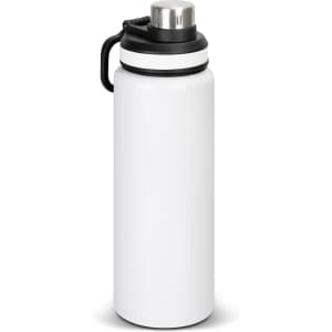 A drink bottle in white, featuring a black lid and handle. It has a shiny silver cap and a minimalist design.