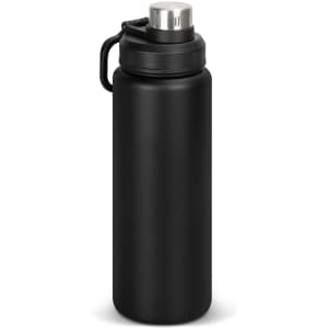 A drink bottle finished in matte black with a silver top and a handle for easy carrying. It features a logo.