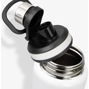 A drink bottle in white with a black lid and an opening ready for use. It features a handle and a logo.