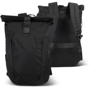 A black roll-up backpack featuring adjustable straps, a front zip pocket, and a textured back panel for comfort.