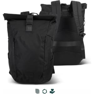 A black roll-up computer backpack with multiple pockets, a textured back panel, and a logo.